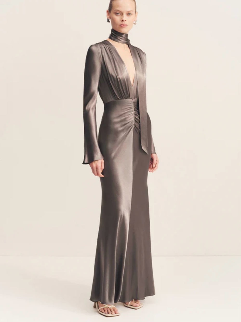 Shona Joy Metallic Gray Satin Maxi Dress with Neck Tie
